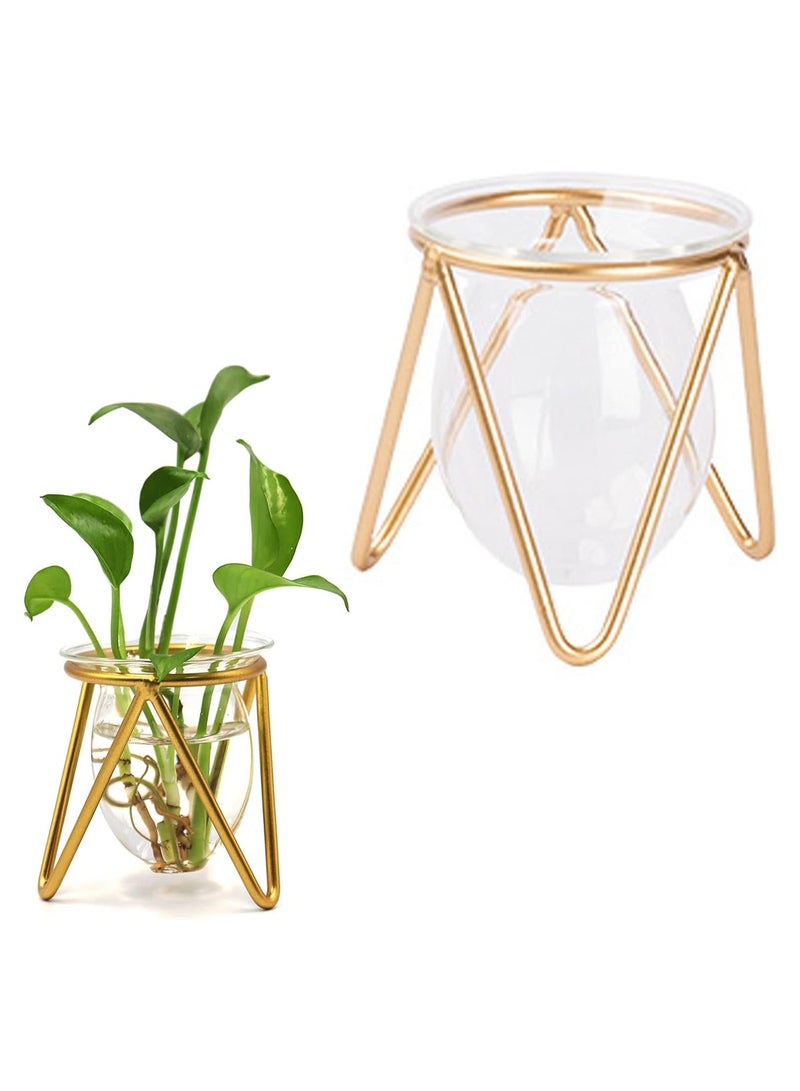 Glass Vase with Metal Stand, Gold Geometric Flower Vase, Small Vase for Wedding, Table Centerpieces, Living Room, Plant Terrariums for Propagating Hydroponic, Terrarium Container Propagation Station