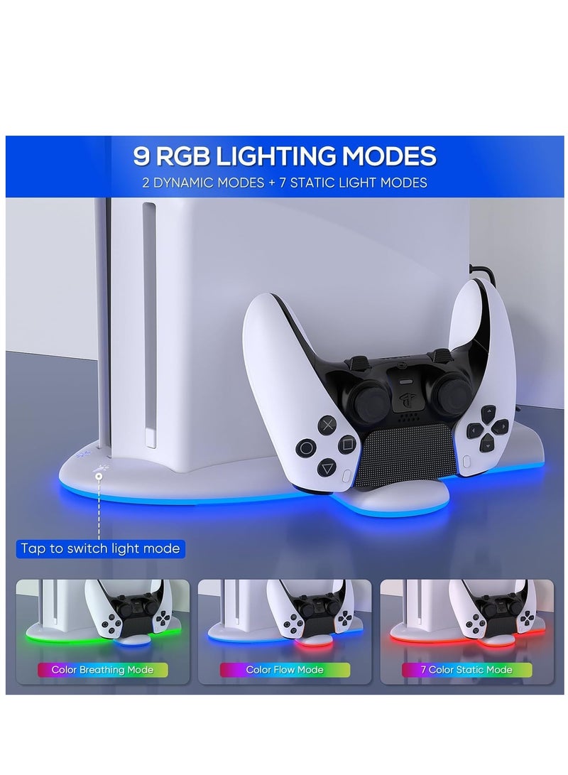 Cooling Fan with PS5 Charging Station PS5 Stand with PS5 Controller Charging Station Cooling Station with 3Level Speeds Cooling Fan Dual Controller Charger Station with RGB Light for DualSense Edge