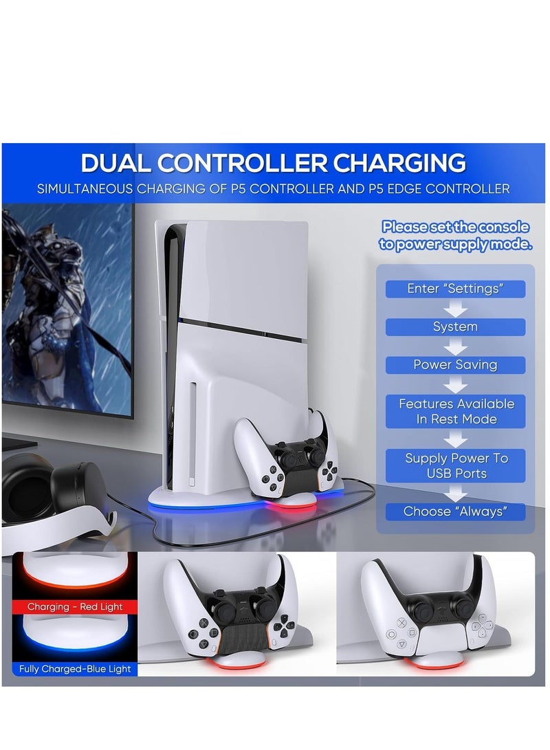 Cooling Fan with PS5 Charging Station PS5 Stand with PS5 Controller Charging Station Cooling Station with 3Level Speeds Cooling Fan Dual Controller Charger Station with RGB Light for DualSense Edge