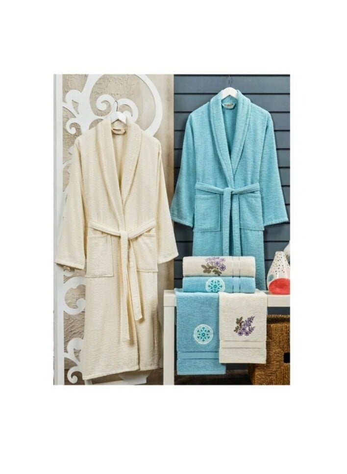 My Vita 6-Piece Turkish Cotton Family Bathrobe Set Bridal Shower Gift Set With Matching Bath Towels And Hand Towels In Attractive Gift Box - Cyan/Off White