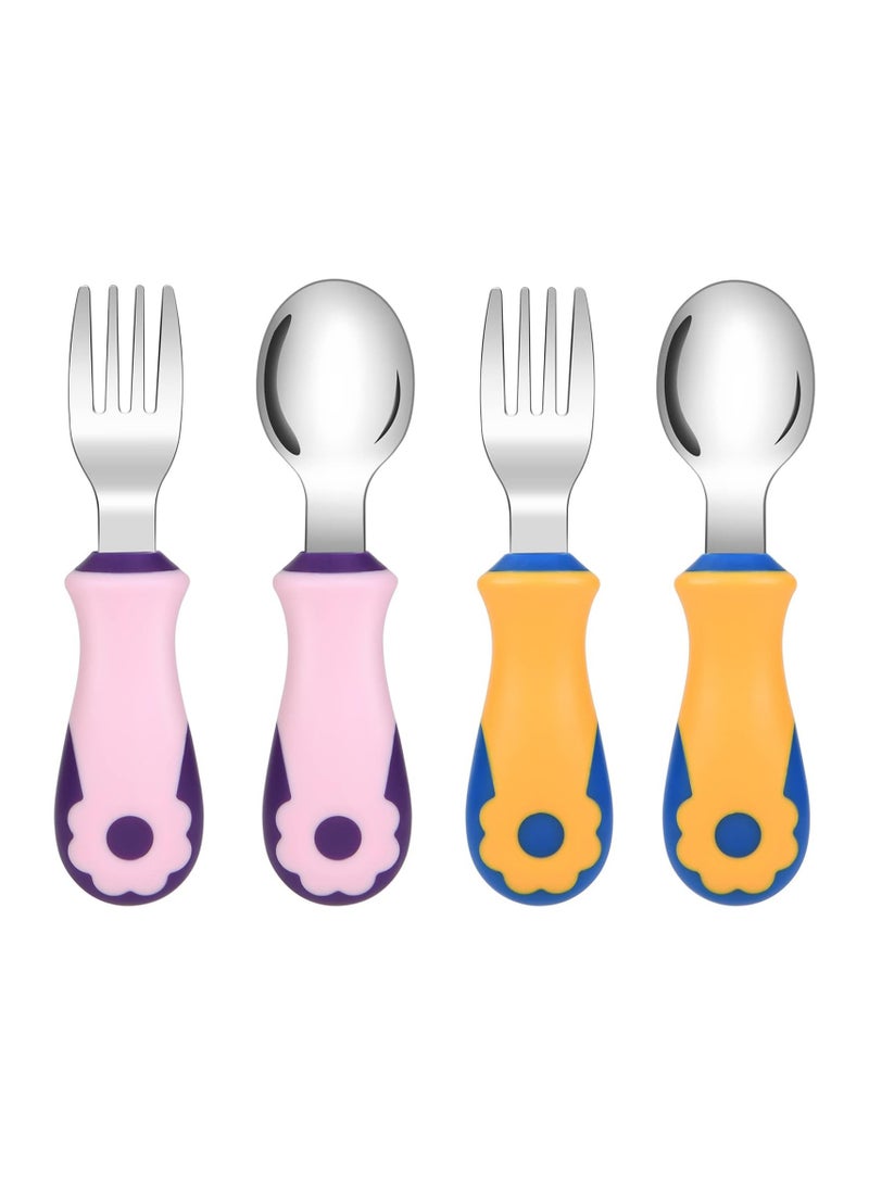 Toddler Fork and Spoon, 4 Pcs Stainless Steel Baby Utensils Cutlery Set, Toddler Utensils Spoons Forks Self Feeding Learning Spoons, Children Flatware Weaning and Learning to Use