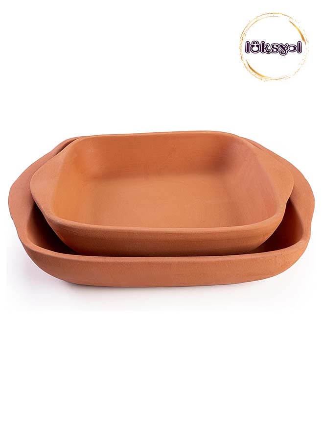 Luksyol Handmade Terracotta Rectangular Oven Tray  Set of 2 Mexican and Indian Cooking Pans, Unglazed Clay Roasting Pot with Handles - Authentic Culinary Delights for Home Chefs