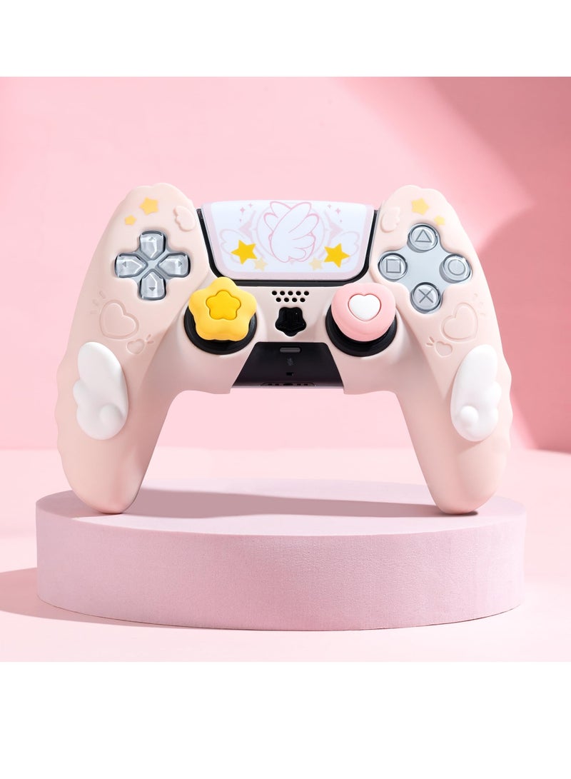 Controller Skin Compatible with PlayStation 5, Cute Star Wings Series Controller Silicone Case for PS5, Kawaii Anti Slip Silicone Controller Case with 2 Thumb Grip Caps and 2 Stickers (Pink)