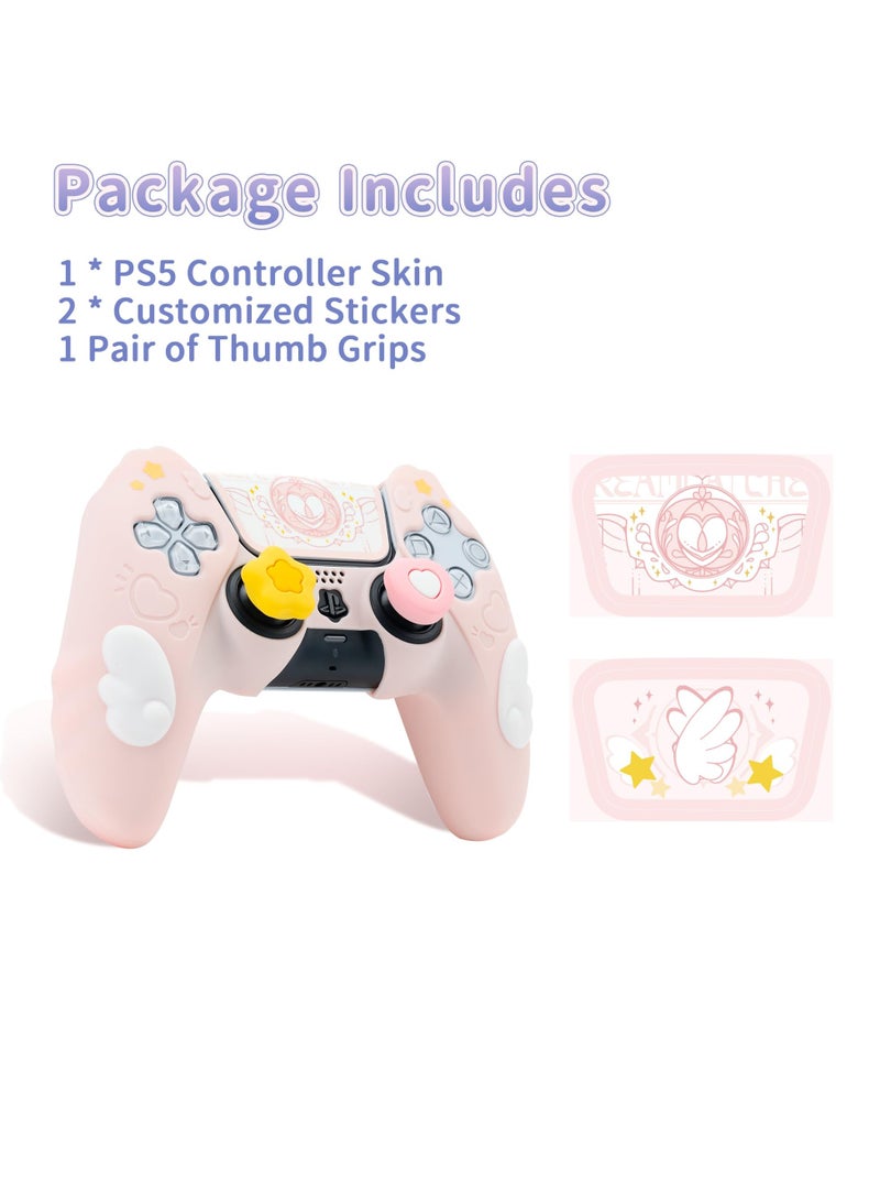 Controller Skin Compatible with PlayStation 5, Cute Star Wings Series Controller Silicone Case for PS5, Kawaii Anti Slip Silicone Controller Case with 2 Thumb Grip Caps and 2 Stickers (Pink)