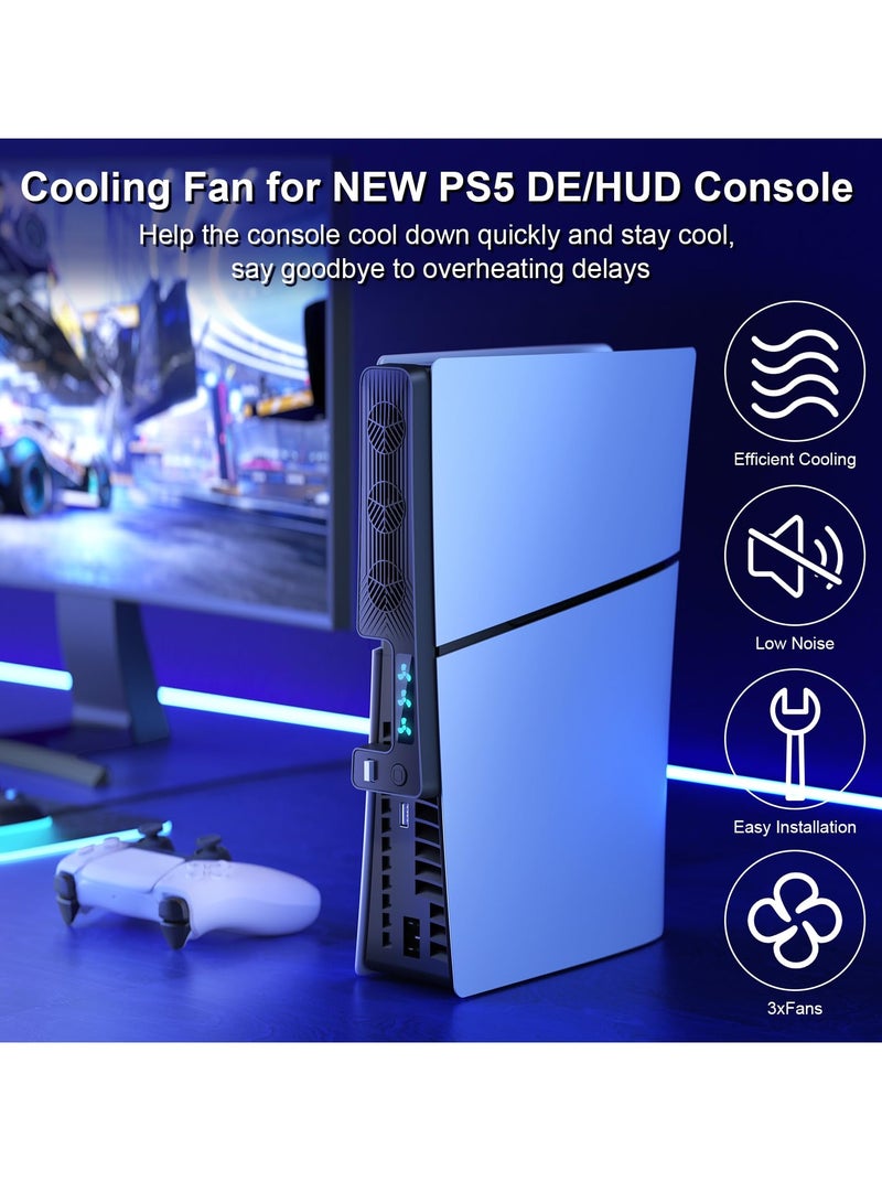 Cooling Fan for New PS5 Slim, Efficient Quiet PS5 Slim Cooler with 3 Fan Speeds, USB 3.0 Port, Accessories for PlayStation 5 Slim Digital/Disc Version Cooler with LED Light