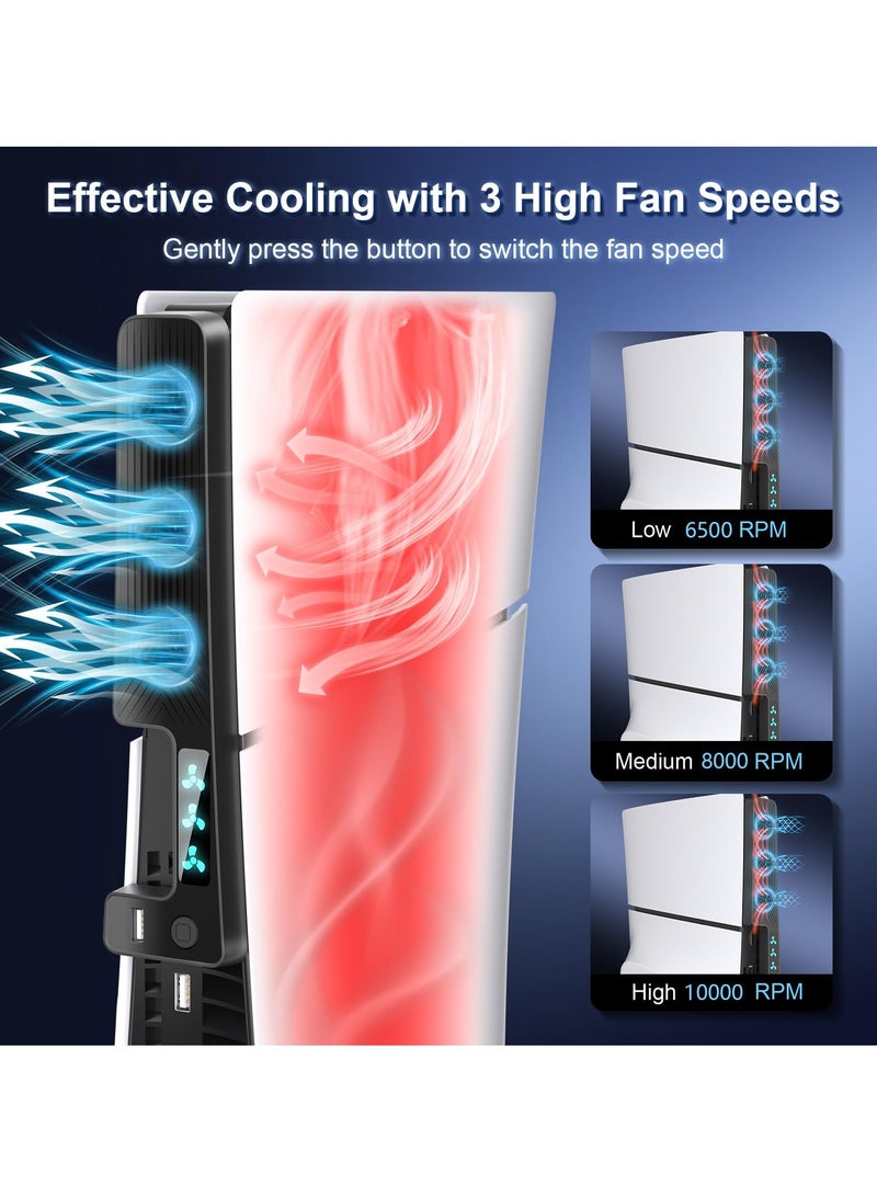 Cooling Fan for New PS5 Slim, Efficient Quiet PS5 Slim Cooler with 3 Fan Speeds, USB 3.0 Port, Accessories for PlayStation 5 Slim Digital/Disc Version Cooler with LED Light