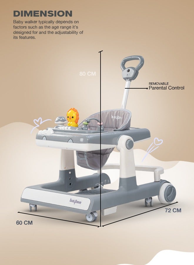 3 In 1 Zeni Baby Activity Walker With Parental Push Handle And 3 Height Adjustable,Tray And Musical Toy Bar, 6 - 18 Months, Boy/Girl, Grey