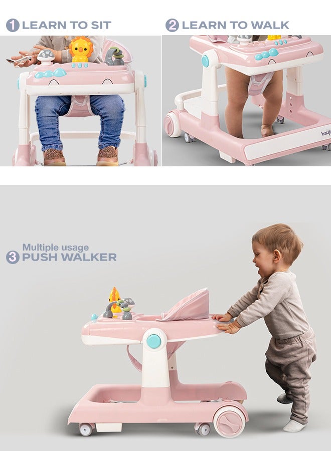 3 In 1 Zeni Baby Walker With Parental Push Handle, 3 Height Adjustable, Tray And Musical Toy Bar, 6 - 18 Months, Boy/Girl, Pink
