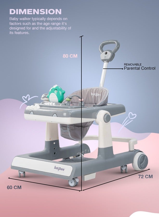 3 In 1 Flix  Baby Walker Activity Walker With Parental Push Handle And 3 Height Adjustable, Tray And Musical Toy Bar, 6 - 18 Months, Boy/Girl, Grey