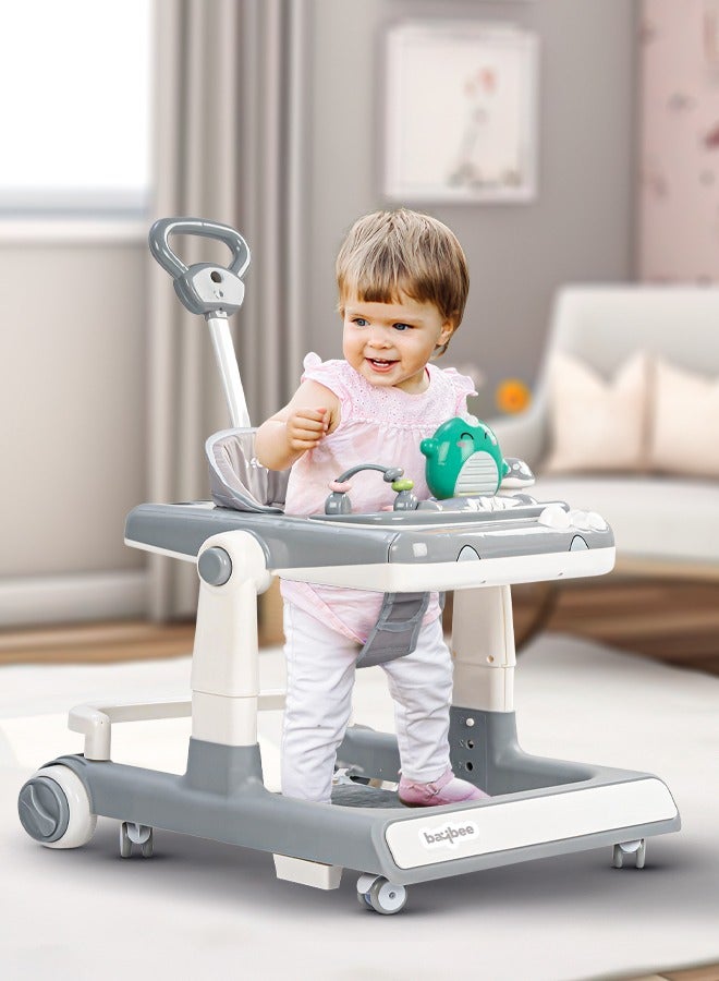 3 In 1 Flix  Baby Walker Activity Walker With Parental Push Handle And 3 Height Adjustable, Tray And Musical Toy Bar, 6 - 18 Months, Boy/Girl, Grey