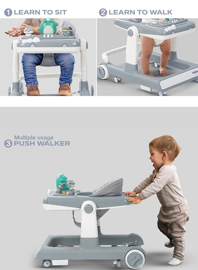 3 In 1 Flix  Baby Walker Activity Walker With Parental Push Handle And 3 Height Adjustable, Tray And Musical Toy Bar, 6 - 18 Months, Boy/Girl, Grey