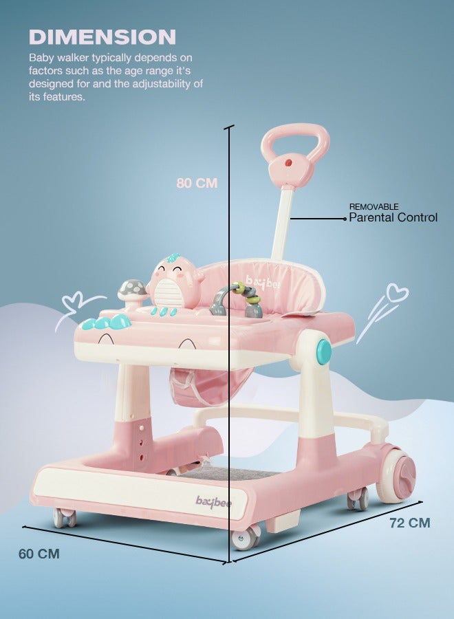 3 In 1 Flix Baby Activity Walker With Parental Push Handle And 3 Height Adjustable, Tray And Musical Toy Bar, 6 - 18 Months, Boy/Girl, Pink