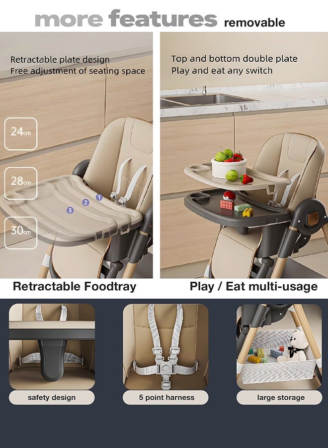 3 In 1 Baby Feeding High Chair With 8 Height Adjustable, Footrest, Tray, 160 Degree Recline, 5 Point Safety Belt And Wheels, 0 Months To 6 Years, Brown