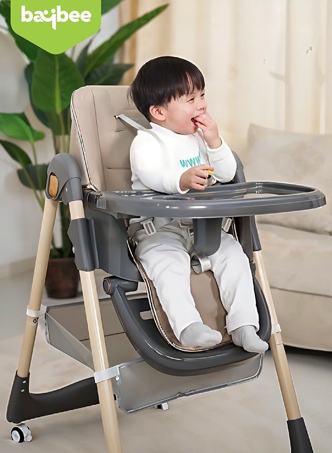 3 In 1 Baby Feeding High Chair With 8 Height Adjustable, Footrest, Tray, 160 Degree Recline, 5 Point Safety Belt And Wheels, 0 Months To 6 Years, Brown