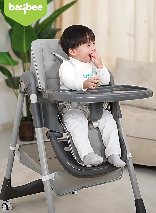 3 In 1 Baby Feeding High Chair With 8 Height Adjustable, Footrest, Tray, 160 Degree Recline, 5 Point Safety Belt And Wheels, 0 Months To 6 Years, Grey