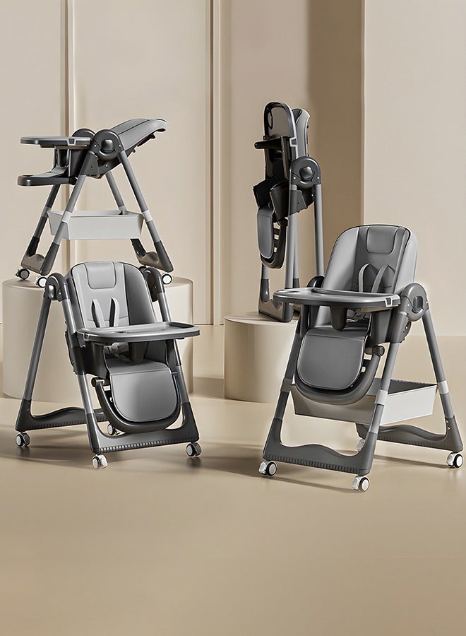 3 In 1 Baby Feeding High Chair With 8 Height Adjustable, Footrest, Tray, 160 Degree Recline, 5 Point Safety Belt And Wheels, 0 Months To 6 Years, Grey