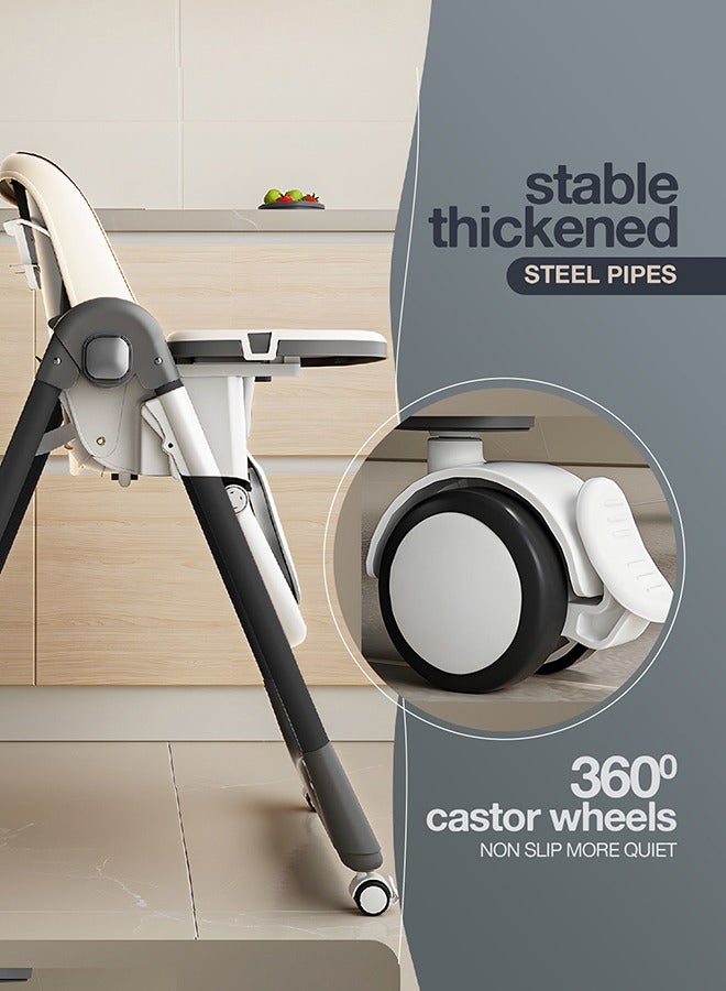 3 In 1 Baby Feeding High Chair With 8 Height Adjustable, Footrest, Tray, 160 Degree Recline, 5 Point Safety Belt And Wheels, 0 - 6 Years, White