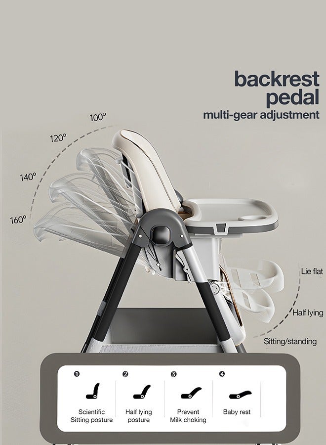 3 In 1 Baby Feeding High Chair With 8 Height Adjustable, Footrest, Tray, 160 Degree Recline, 5 Point Safety Belt And Wheels, 0 - 6 Years, White