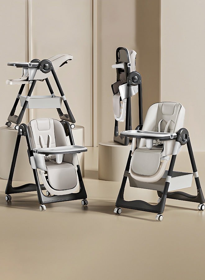 3 In 1 Baby Feeding High Chair With 8 Height Adjustable, Footrest, Tray, 160 Degree Recline, 5 Point Safety Belt And Wheels, 0 - 6 Years, White