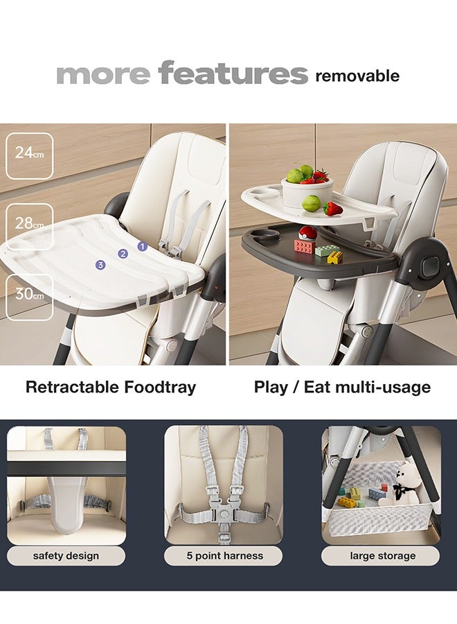 3 In 1 Baby Feeding High Chair With 8 Height Adjustable, Footrest, Tray, 160 Degree Recline, 5 Point Safety Belt And Wheels, 0 - 6 Years, White