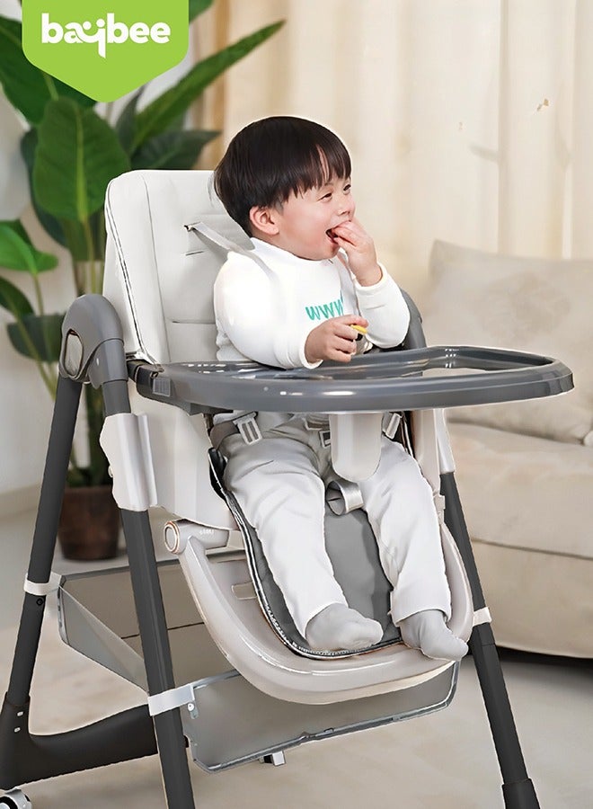 3 In 1 Baby Feeding High Chair With 8 Height Adjustable, Footrest, Tray, 160 Degree Recline, 5 Point Safety Belt And Wheels, 0 - 6 Years, White