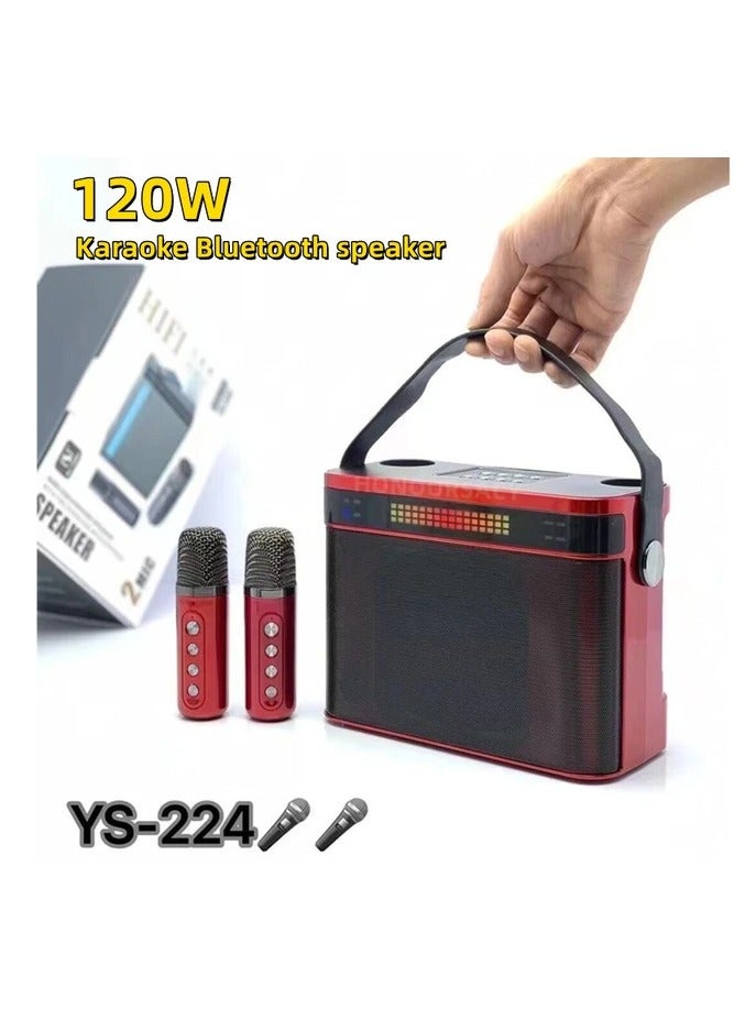 YS 224 Portable Wireless Bluetooth Karaoke Speaker Stereo Bass With Dual Microphones Red
