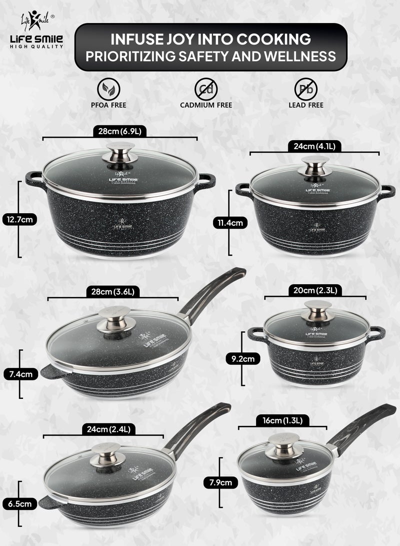 12-Piece Granite Pots and Pans Set Molded Looped Handles with Premium Glass Lids -Non Stick Cookware Set Includes Casserroles 20/24/28cm, Frying Pans 20/24cm and Sauce Pan 16cm Oven Safe Grey