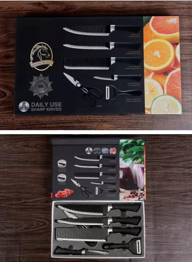 6 Pieces Professional Kitchen Knife Set, Steak Knife Chef Knife with Non-Slip Handle for Home Kitchen Restaurant with Chef Peeler and Scissors (Stainless Steel Black)