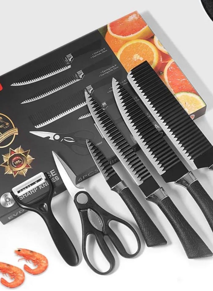 6 Pieces Professional Kitchen Knife Set, Steak Knife Chef Knife with Non-Slip Handle for Home Kitchen Restaurant with Chef Peeler and Scissors (Stainless Steel Black)