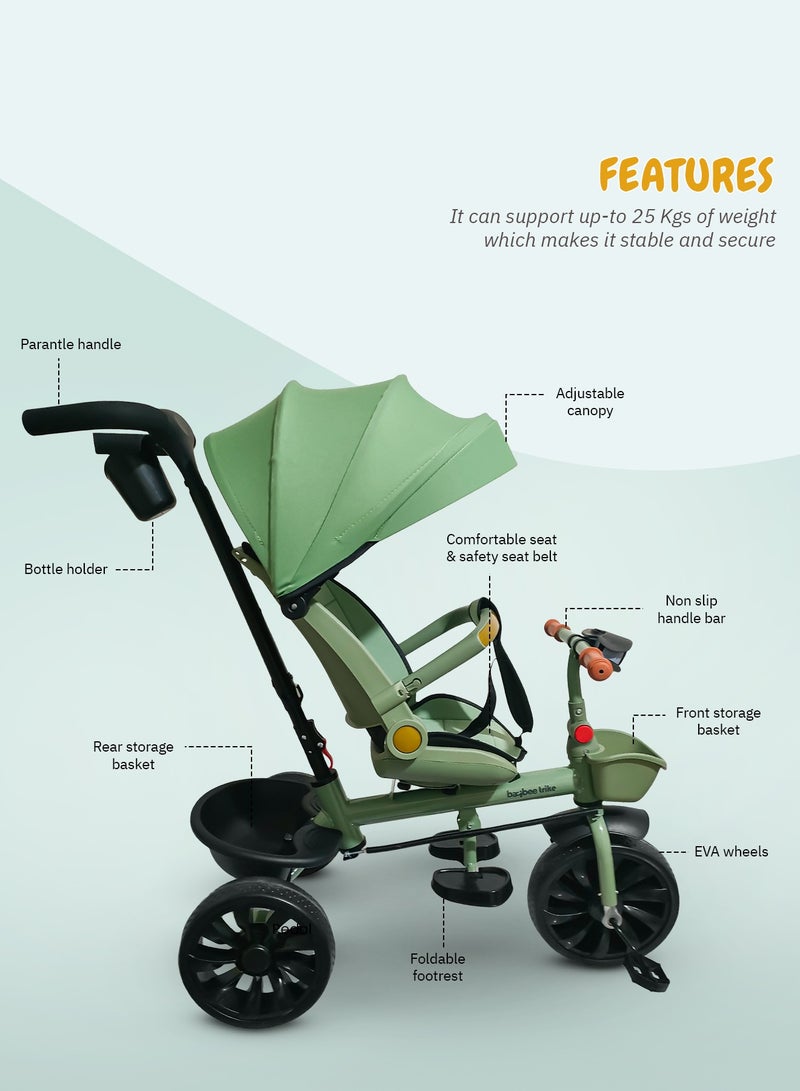 Baybee Hike 3 in 1 Baby Tricycle for Kids, Baby Kids Cycle with Parental Push Handle, Canopy, Rotatable Seat, Light, Safety Bar & Belt | Kids Tricycle Cycle for Kids 1.5 to 5 Years Boys Girls Green