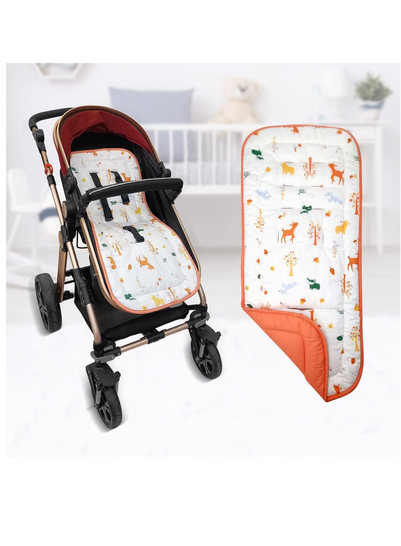 Toddler Stroller Cushion, Reversible Universal Breathable And Soft Toddler Stroller Mat, 100% Cotton Cover Toddler Seat Pad Liner, 34x78 cm, 1 Pack, Animals And Orange