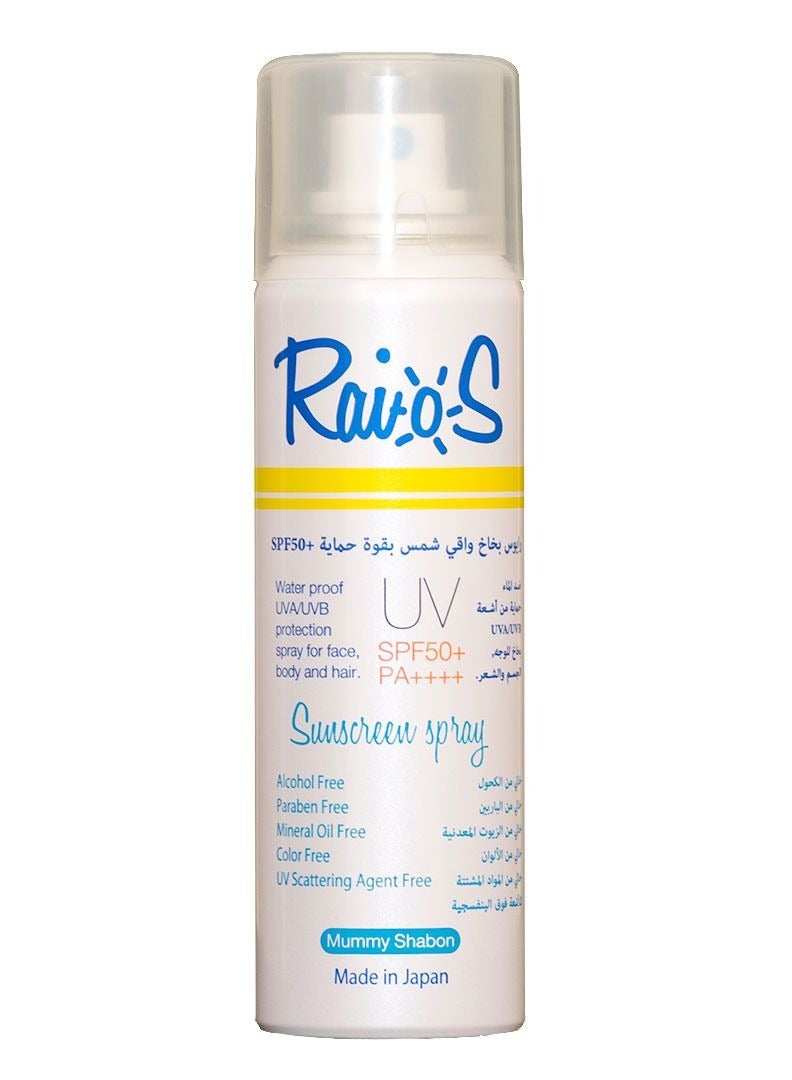 Raios Sunscreen Sray for Face Body and Hair  SPF50+ Mummy Shabon UVA/UVB Protection Water Resistance Non Greasy Formula 70 ml