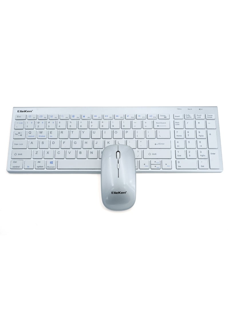 Wireless Keyboard Mouse Combo,Compact Full Size Wireless Keyboard and Mouse Set 2.4G And Bluetooth Three Mode,Ultra Thin And Ultra Quiet Profile Design For Windows,Computer,Desktop,PC,Silver White Silver White
