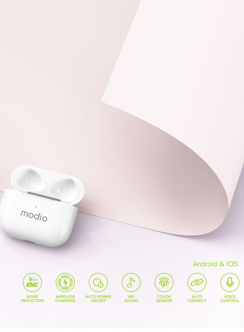 Modio ME12 Original Branded True Wireless Earbuds Bluetooth Earphones with Clear Calls Strong Sound Quality Noise Reduction Touch Sensor Super Battery Heavy Bass 1 Free Earbuds Case White