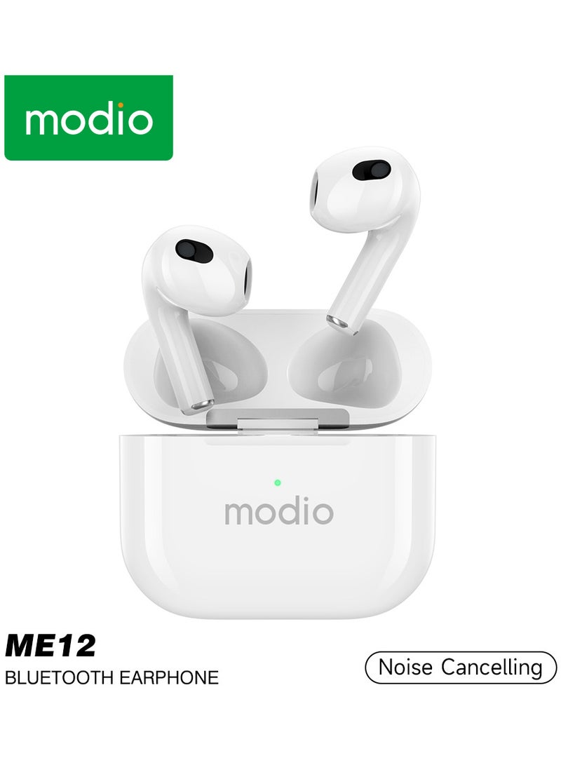 Modio ME12 Original Branded True Wireless Earbuds Bluetooth Earphones with Clear Calls Strong Sound Quality Noise Reduction Touch Sensor Super Battery Heavy Bass 1 Free Earbuds Case White