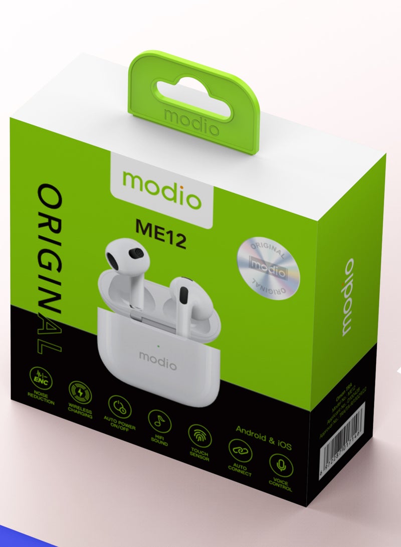 Modio ME12 Original Branded True Wireless Earbuds Bluetooth Earphones with Clear Calls Strong Sound Quality Noise Reduction Touch Sensor Super Battery Heavy Bass 1 Free Earbuds Case White