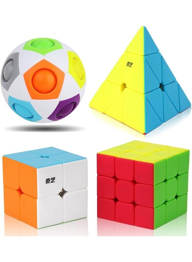 4 Pieces Speed Cube Set, Speed Cube Bundle of 2x2 3x3 Pyramid Cube and Magic Rainbow Ball Smoothly Magic Cubes Collection for Kids