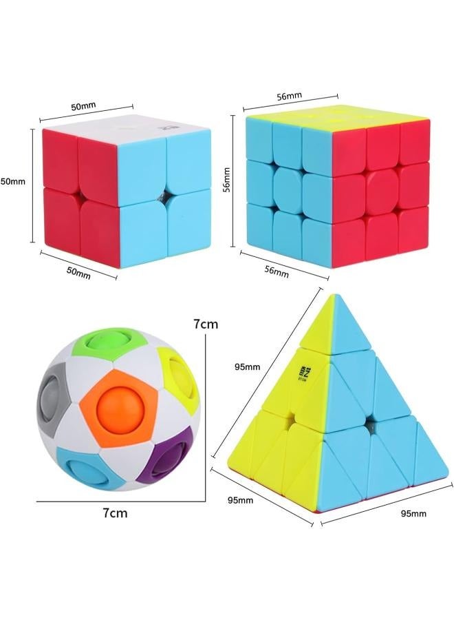 4 Pieces Speed Cube Set, Speed Cube Bundle of 2x2 3x3 Pyramid Cube and Magic Rainbow Ball Smoothly Magic Cubes Collection for Kids