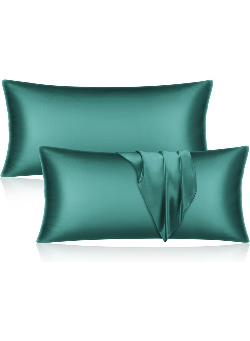 Satin Silk Pillow Case Cover for Hair and Skin, Soft Breathable Smooth Both Sided Silk Pillow Cover Pair (King - 50 x 102cm - 2pcs - Hunter Green)