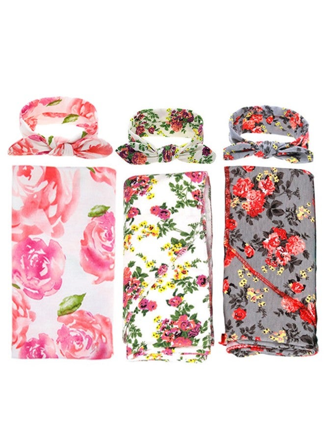 3-Piece Floral Printed Receiving Blanket With Headbands