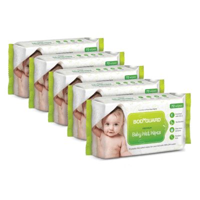 BodyGuard Premium Paraben Free Baby Wet Wipes with Aloe Vera - 360 Wipes (Pack of 5)