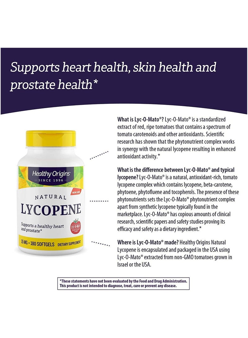 Lycopene (Natural), 15 mg - Dietary Supplement - Supports A Healthy Heart And Prostate - Non-GMO - Gluten-Free Supplement - 180 Softgels