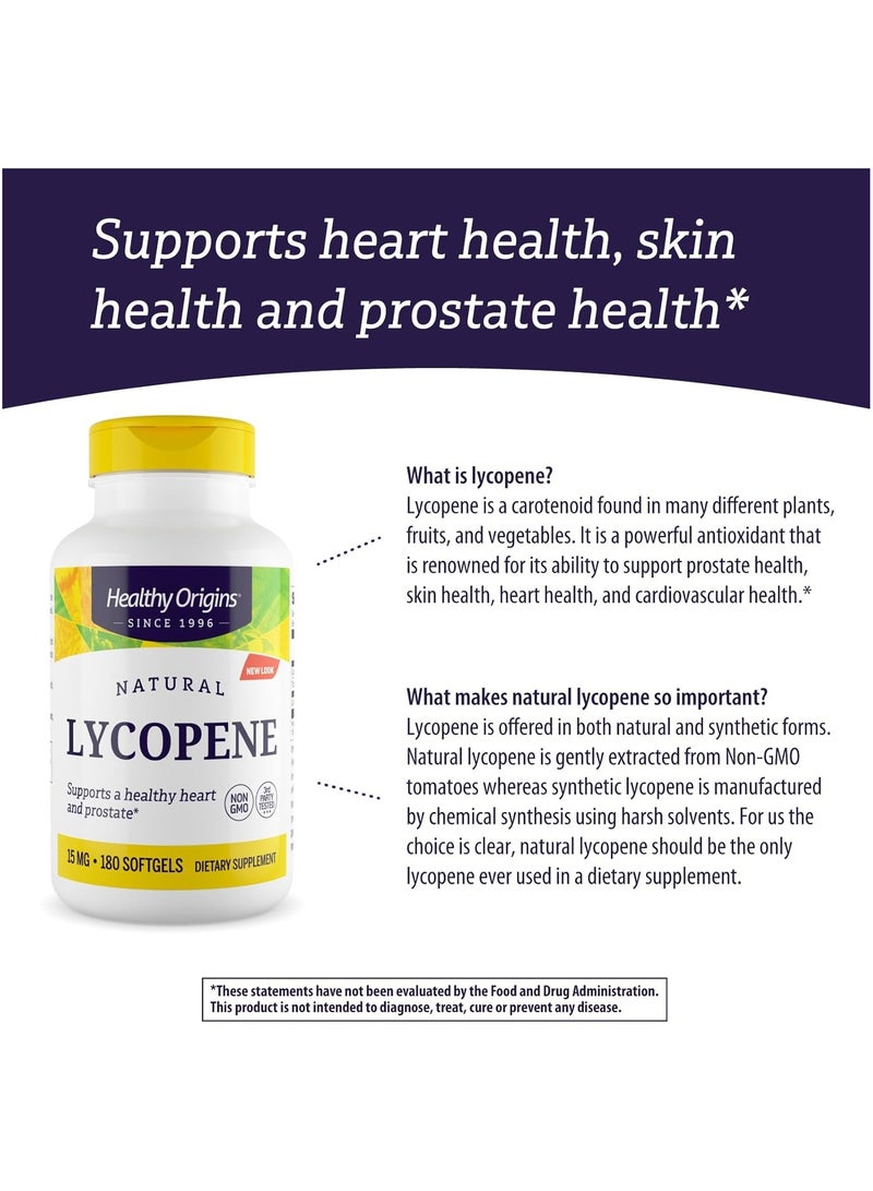 Lycopene (Natural), 15 mg - Dietary Supplement - Supports A Healthy Heart And Prostate - Non-GMO - Gluten-Free Supplement - 180 Softgels
