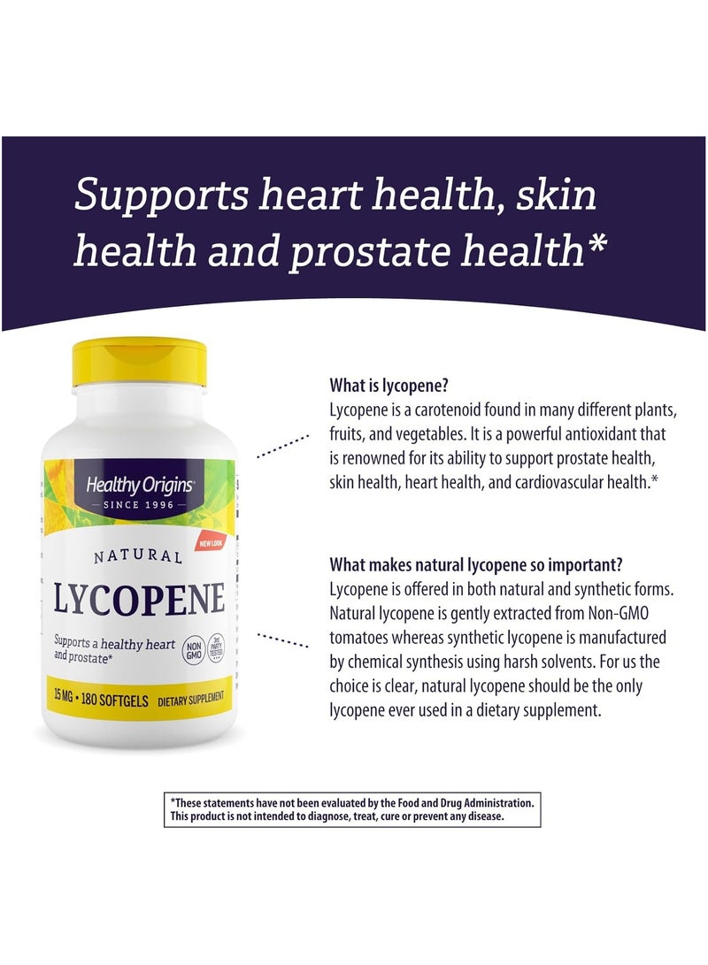 Natural Lycopene, Supports Healthy Heart and Prostate( Non GMO ) Dietary Supplement - 15 mg 180 Softgels