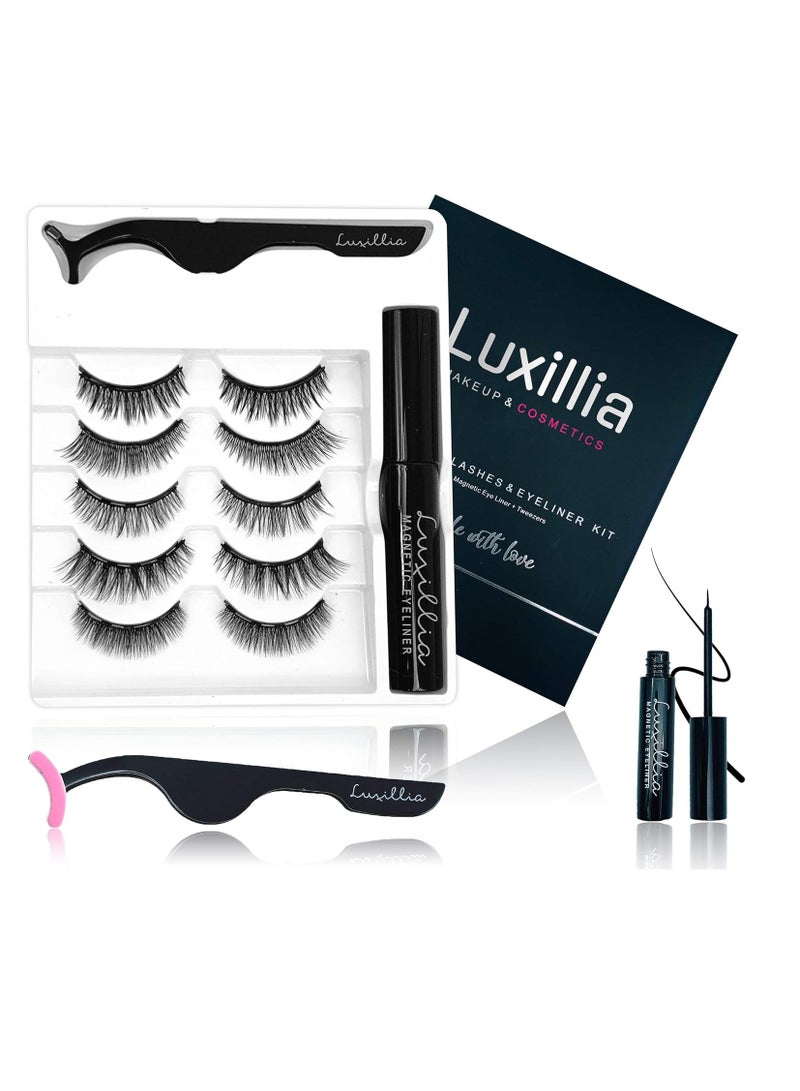 Luxillia Magnetic Eyelashes with Eyeliner, Most Natural Looking Magnetic Lashes Kit with Applicator, Best 8D, 3D Look, Reusable Fake Eye Lash, No Glue, Strongest Waterproof Liquid Liner