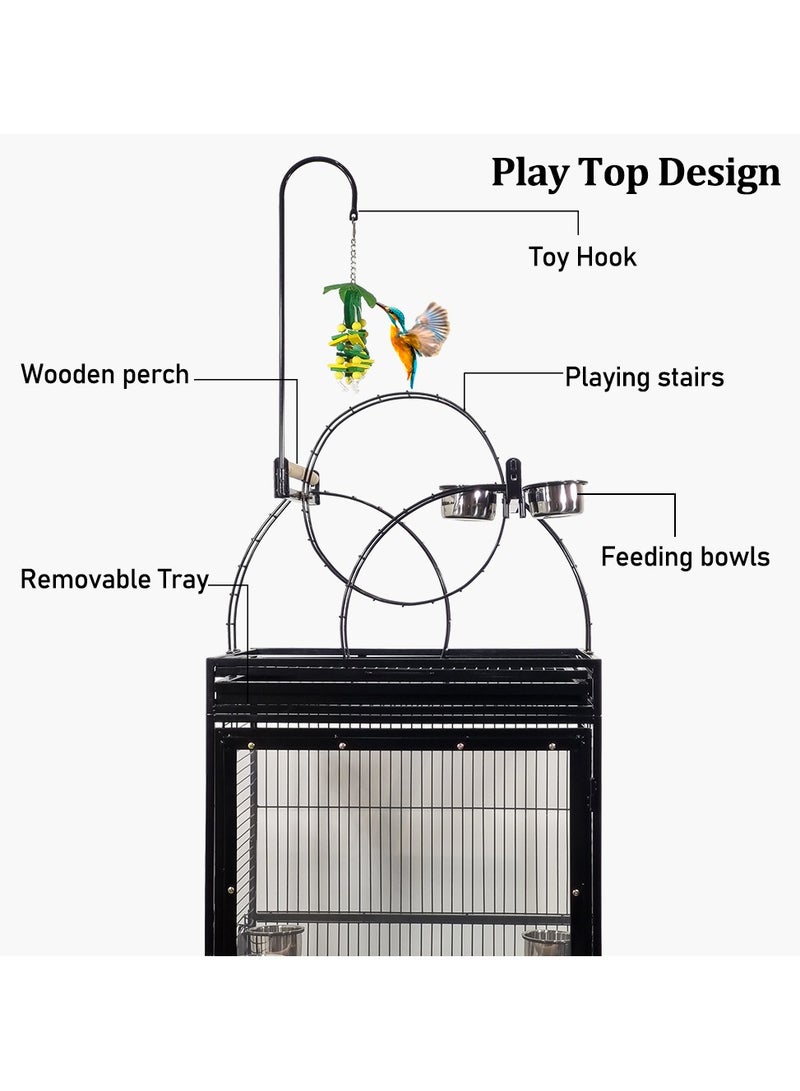 Birdcage, Heavy-duty bird cage with Play-top area, Removable tray, feeding bowls, and Transparent door, Large birdcage for Parrots and other medium-sized birds 217 cm (Black)