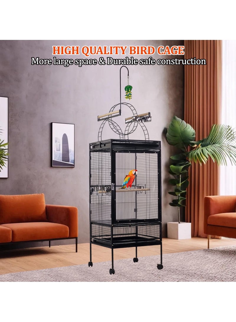 Birdcage, Heavy-duty bird cage with Play-top area, Removable tray, feeding bowls, and Transparent door, Large birdcage for Parrots and other medium-sized birds 217 cm (Black)