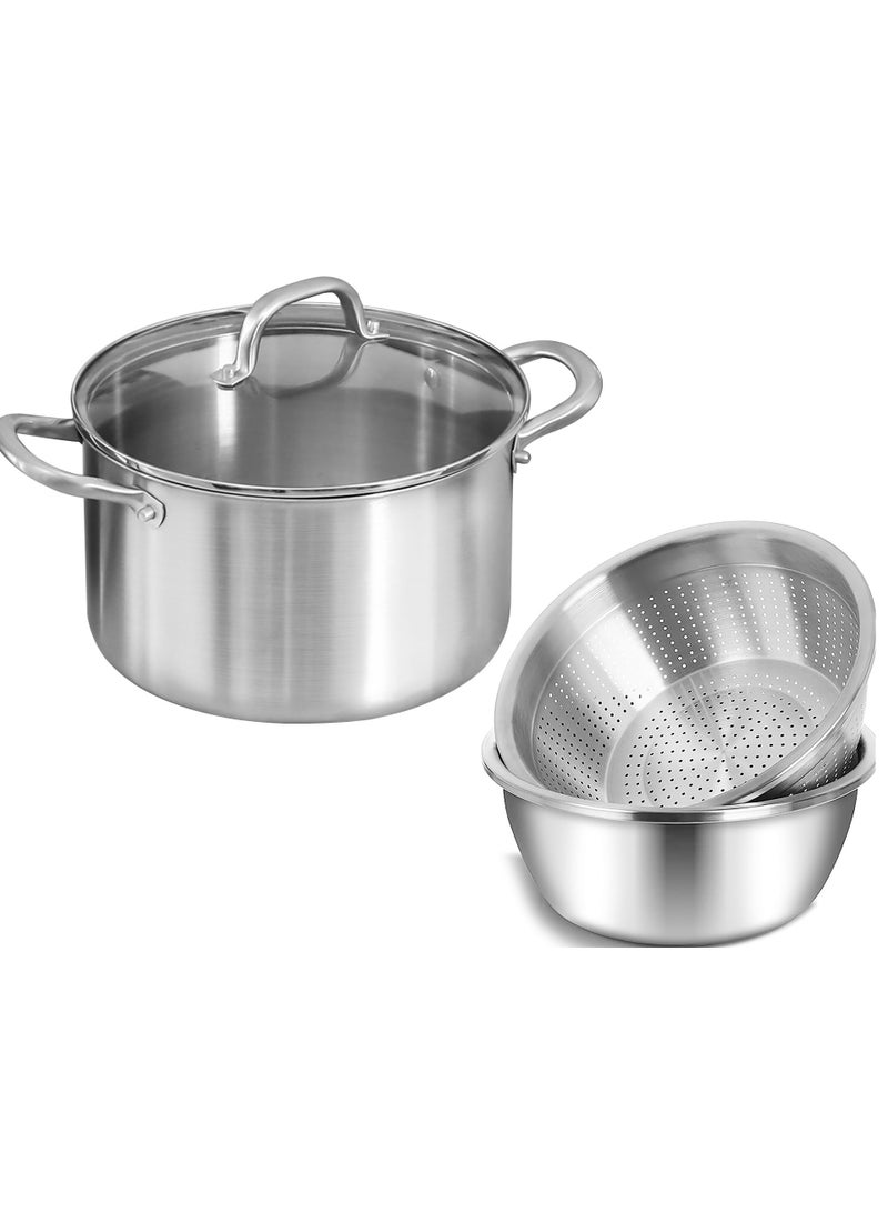 Stainless Steel Stockpot sauce pot with Glass Lid Deep Cooking Pot-With A Stainless Steel Mixing Bowl and a water filter basin(7L)