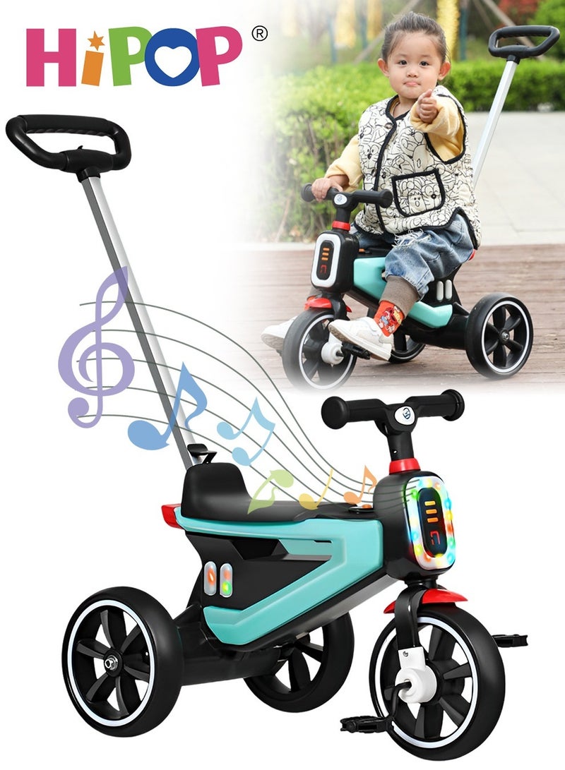 Children's Tricycle with Removable Push Handle,Music and Colorful Lights,Ride-On Toy for Kids