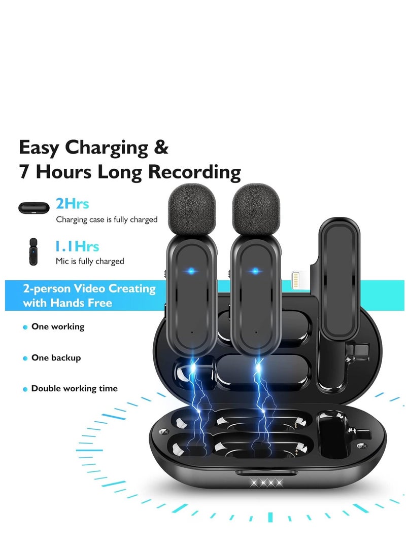 Wireless Lavalier Microphone, 2 Pack for iPhone iPad 7H Clip-on Lapel Microphone Wireless for Video Recording Vlogging, YouTube, Interview, with Charging Case, 3 Mode Denoise, 70ft